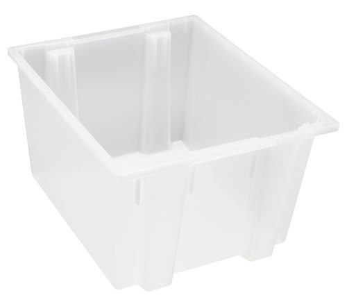 SNT230 cl The Quantum Stack and Nest Tote is a clear polypropylene storage bin measuring 23-1/2W x 19-1/2D x 13H with a 2.60 cu. ft. capacity. Made in the USA, it features reinforced corners and sloped sides for sturdy construction, sold individually or in cartons of three.