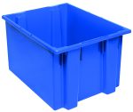 The Quantum Stack And Nest Tote, a blue rectangular storage bin with reinforced corners and an open top, is showcased at a slight angle against a white background. It measures 23-1/2W x 19-1/2D x 13H and features a sturdy design, made in the USA from heavy-duty polypropylene.