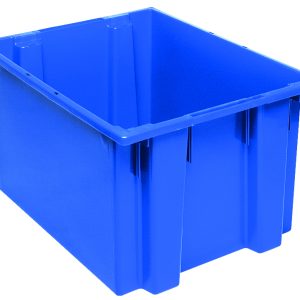 The Quantum Stack And Nest Tote, a blue rectangular storage bin with reinforced corners and an open top, is showcased at a slight angle against a white background. It measures 23-1/2W x 19-1/2D x 13H and features a sturdy design, made in the USA from heavy-duty polypropylene.
