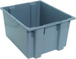 The Quantum Stack and Nest Tote is a heavy-duty gray polypropylene storage bin made in the USA. Measuring 23-1/2W x 19-1/2D x 13H, it features reinforced edges, smooth sides, and an open top, providing a sleek look ideal for organizing items. It has a capacity of 2.60 cu. ft.