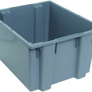 The Quantum Stack and Nest Tote is a heavy-duty gray polypropylene storage bin made in the USA. Measuring 23-1/2W x 19-1/2D x 13H, it features reinforced edges, smooth sides, and an open top, providing a sleek look ideal for organizing items. It has a capacity of 2.60 cu. ft.