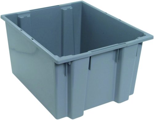 SNT230_GY.jpg The Quantum Stack and Nest Tote is a heavy-duty gray polypropylene storage bin made in the USA. Measuring 23-1/2W x 19-1/2D x 13H, it features reinforced edges, smooth sides, and an open top, providing a sleek look ideal for organizing items. It has a capacity of 2.60 cu. ft.