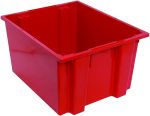 The Quantum Stack and Nest Tote, made of red polypropylene and measuring 23-1/2W x 19-1/2D x 13H, sits without a lid on a white surface. Its vibrant color and rectangular shape are highlighted by the angle view. This heavy-duty bin has a capacity of 2.60 cu. ft.