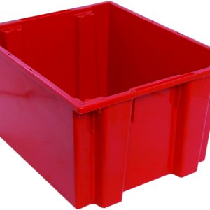 The Quantum Stack and Nest Tote, made of red polypropylene and measuring 23-1/2W x 19-1/2D x 13H, sits without a lid on a white surface. Its vibrant color and rectangular shape are highlighted by the angle view. This heavy-duty bin has a capacity of 2.60 cu. ft.