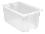 The Quantum Stack and Nest Tote, measuring 23.5W x 15.5D x 12H, is made in the USA from clear polypropylene. It features a capacity of 1.70 cu. ft., slightly tapered sides, reinforced top edges, and a smooth surface that reveals depth when angled.