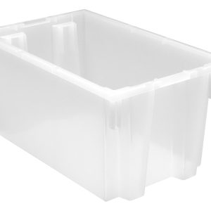 The Quantum Stack and Nest Tote, measuring 23.5W x 15.5D x 12H, is made in the USA from clear polypropylene. It features a capacity of 1.70 cu. ft., slightly tapered sides, reinforced top edges, and a smooth surface that reveals depth when angled.