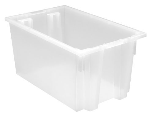 SNT240CL.jpg The Quantum Stack and Nest Tote, measuring 23.5W x 15.5D x 12H, is made in the USA from clear polypropylene. It features a capacity of 1.70 cu. ft., slightly tapered sides, reinforced top edges, and a smooth surface that reveals depth when angled.
