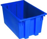 A top-view image features a large blue Quantum Stack and Nest Tote, rectangular with tall sides, 1.70 cu. ft. capacity, made of polypropylene, dimensions 23-1/2W x 15-1/2D x 12H. This heavy-duty USA-made product is priced per tote with three to a carton.