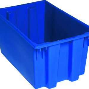 A top-view image features a large blue Quantum Stack and Nest Tote, rectangular with tall sides, 1.70 cu. ft. capacity, made of polypropylene, dimensions 23-1/2W x 15-1/2D x 12H. This heavy-duty USA-made product is priced per tote with three to a carton.