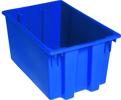 SNT240_BL.jpg A top-view image features a large blue Quantum Stack and Nest Tote, rectangular with tall sides, 1.70 cu. ft. capacity, made of polypropylene, dimensions 23-1/2W x 15-1/2D x 12H. This heavy-duty USA-made product is priced per tote with three to a carton.