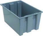 The Quantum Stack And Nest Tote, a gray polypropylene storage bin measuring 23-1/2W x 15-1/2D x 12H with a ribbed exterior and open top, is displayed on a white background. The heavy-duty rectangular container is angled to highlight its depth and robust 1.70 cu. ft. capacity.
