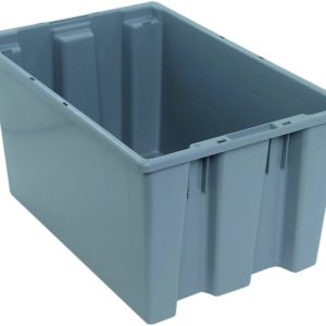 The Quantum Stack And Nest Tote, a gray polypropylene storage bin measuring 23-1/2W x 15-1/2D x 12H with a ribbed exterior and open top, is displayed on a white background. The heavy-duty rectangular container is angled to highlight its depth and robust 1.70 cu. ft. capacity.