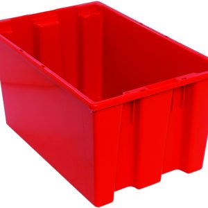 The Quantum Stack and Nest Tote, Made in USA, measures 23-1/2W x 15-1/2D x 12H. This red polypropylene bin has a 1.70 cu. ft. capacity and smooth sides with an elevated rim, perfect for storing items. Priced per each, sold in cartons of three.