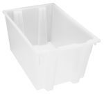 The Quantum Stack and Nest Tote is a clear polypropylene storage bin, sized at 29-1/2W x 19-1/2D x 15H. Made in the USA, it offers a spacious 3.70 cu. ft. capacity with reinforced edges and a smooth surface, perfect for organizing items. Priced per each, comes in cartons of three.