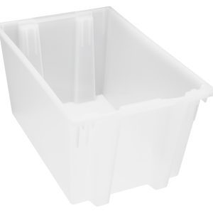 The Quantum Stack and Nest Tote is a clear polypropylene storage bin, sized at 29-1/2W x 19-1/2D x 15H. Made in the USA, it offers a spacious 3.70 cu. ft. capacity with reinforced edges and a smooth surface, perfect for organizing items. Priced per each, comes in cartons of three.