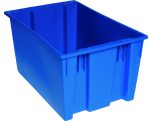 The Quantum Stack and Nest Tote is a blue polypropylene storage bin, measuring 29-1/2W x 19-1/2D x 15H, with reinforced sides and open top. This heavy-duty tote offers a spacious interior of 3.70 cu. ft., perfect for organizing or transporting items. Made in the USA and sold individually or in cartons of three.