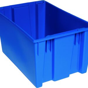 The Quantum Stack and Nest Tote is a blue polypropylene storage bin, measuring 29-1/2W x 19-1/2D x 15H, with reinforced sides and open top. This heavy-duty tote offers a spacious interior of 3.70 cu. ft., perfect for organizing or transporting items. Made in the USA and sold individually or in cartons of three.
