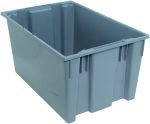 The Quantum Stack and Nest Tote, heavy-duty gray polypropylene with 3.70 cu. ft. capacity, measures 29-1/2W x 19-1/2D x 15H and is USA-made, showcasing ridged sides with a smooth interior from an angled view of its open top.