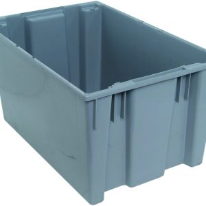 The Quantum Stack and Nest Tote, heavy-duty gray polypropylene with 3.70 cu. ft. capacity, measures 29-1/2W x 19-1/2D x 15H and is USA-made, showcasing ridged sides with a smooth interior from an angled view of its open top.
