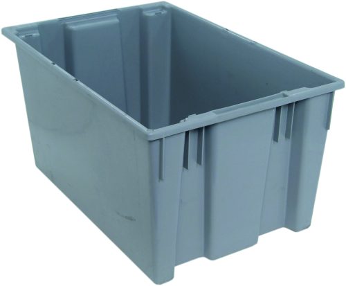 SNT300_GY.jpg The Quantum Stack and Nest Tote, heavy-duty gray polypropylene with 3.70 cu. ft. capacity, measures 29-1/2W x 19-1/2D x 15H and is USA-made, showcasing ridged sides with a smooth interior from an angled view of its open top.