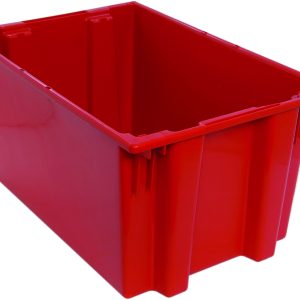 The Quantum Stack and Nest Tote is a large red polypropylene bin, measuring 29-1/2W x 19-1/2D x 15H, with reinforced edges and an open-top design. It features a rectangular shape angled for depth, offering a spacious 3.70 cu. ft. capacity for efficient storage organization.
