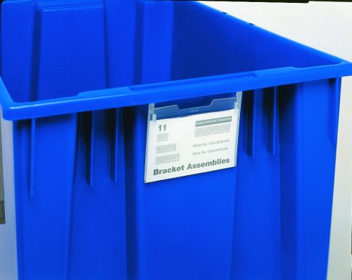 A Quantum Label Holder made of blue plastic, measuring 5W x 3D, includes a paper display labeled Bracket Assemblies with numerical details. Available in clear (6 per pack), it features grooved sides and an open top for easy access.