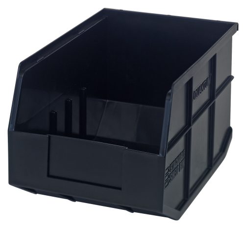 SSB423_BK-L.jpg The Quantum Stackable Shelf Bin, made in the USA from black polypropylene, is a 12W x 8-1/4D x 7H rectangular storage solution with reinforced sides and ridges, ideal for organizing home, garage, or office items. It features an open front for easy access and is autoclavable up to 250°F.