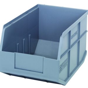 The Quantum Stackable Shelf Bin is gray polypropylene, 12W x 8-1/4D x 7H, with an open front and raised back for easy organization of small items. Its ridged surface aids in labeling, providing efficient and durable storage solutions. Autoclavable up to 250°F and made in USA.