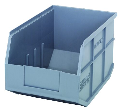 The Quantum Stackable Shelf Bin is gray polypropylene, 12W x 8-1/4D x 7H, with an open front and raised back for easy organization of small items. Its ridged surface aids in labeling, providing efficient and durable storage solutions. Autoclavable up to 250°F and made in USA.