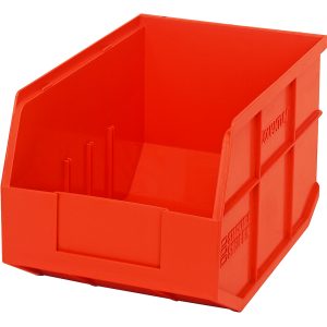 The Quantum Stackable Shelf Bin, 12W x 8-1/4D x 7H in orange polypropylene, is open-fronted, rectangular, lidless with ribbed sides for support and autoclavable up to 250°F, making it ideal for organizing and storing items. Made in the USA.