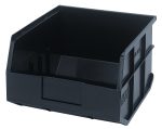 The Quantum Stackable Shelf Bin is a black, rectangular polypropylene storage bin, measuring 12W x 11D x 7H. Made in the USA, its stackable with reinforced sides and features an open front and label holder. Its also autoclavable up to 250°F.