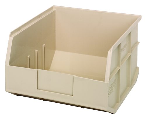 SSB 425 IVORY-L The Quantum Stackable Shelf Bin, in ivory, measures 12W x 11D x 7H. Crafted from durable polypropylene and autoclavable up to 250°F, it features ridged sides and an elevated base for strength. Made in the USA, its perfect for organizing small items.