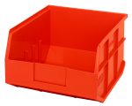 The Quantum Stackable Shelf Bin, made in the USA, measures 12W x 11D x 7H. It is orange, crafted from polypropylene, and autoclavable up to 250°F. The bin features an open front, reinforced sides for efficient organization and easy access, and includes an integrated label holder for clear identification.