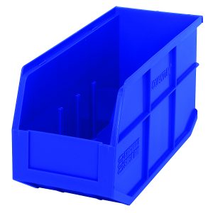 The Quantum Stackable Shelf Bin, 14W x 6D x 7H, is a blue polypropylene storage solution with ribbed sides for reinforcement and an open front. Its perfect for efficient organization and is stackable. Plus, its autoclavable up to 250°F and made in the USA.