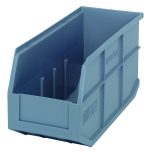A large gray plastic Quantum Stackable Shelf Bin, with dimensions 14W x 6D x 7H, features an open front and stackable shelf design. The sides have ridges for added strength. Made in the USA from autoclavable polypropylene (up to 250°F).