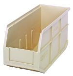 The Quantum Stackable Shelf Bin, made in the USA and measuring 14W x 6D x 7H, is a polypropylene bin in ivory with an embossed logo. It has a partially open front, side ridges, and is autoclavable up to 250°F.