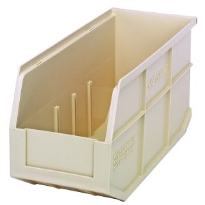 The Quantum Stackable Shelf Bin, made in the USA and measuring 14W x 6D x 7H, is a polypropylene bin in ivory with an embossed logo. It has a partially open front, side ridges, and is autoclavable up to 250°F.