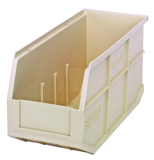 The Quantum Stackable Shelf Bin, made in the USA and measuring 14W x 6D x 7H, is a polypropylene bin in ivory with an embossed logo. It has a partially open front, side ridges, and is autoclavable up to 250°F.