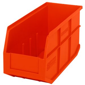 The Quantum Stackable Shelf Bin, 14W x 6D x 7H, comes in vibrant orange and has an open front with reinforced sides. Its perfect for organizing, made of polypropylene, autoclavable up to 250°F, and crafted in the USA.