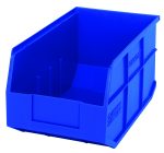 The Quantum Stackable Shelf Bin in blue polypropylene measures 14W x 8-1/4D x 7H, features an open front, reinforced sides, and is autoclavable up to 250°F. Its durable design offers practicality and utility for organizing and storing items in any space. Made in the USA.