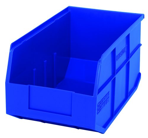 The Quantum Stackable Shelf Bin in blue polypropylene measures 14W x 8-1/4D x 7H, features an open front, reinforced sides, and is autoclavable up to 250°F. Its durable design offers practicality and utility for organizing and storing items in any space. Made in the USA.