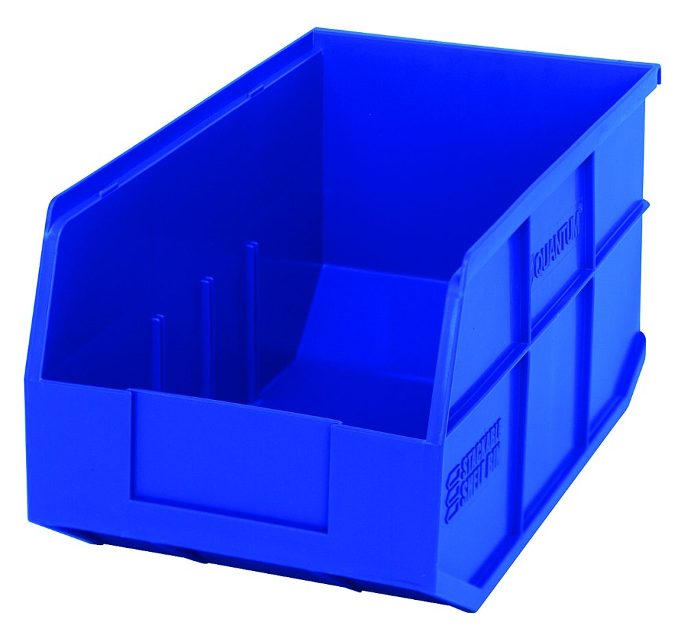 Blue Quantum stackable shelf bin, 14 inches wide with open front and divider slots
