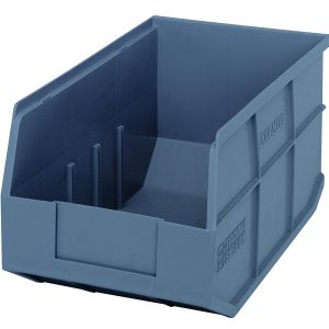 The Quantum Stackable Shelf Bin, made of blue polypropylene and measuring 14W X 8-1/4D X 7H, features an open front for easy access, ribbed sides for strength, interior dividers for organization, and is autoclavable up to 250°F. Made in the USA.