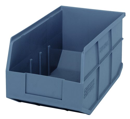 SSB 443 GRAY-L The Quantum Stackable Shelf Bin, made of blue polypropylene and measuring 14W X 8-1/4D X 7H, features an open front for easy access, ribbed sides for strength, interior dividers for organization, and is autoclavable up to 250°F. Made in the USA.
