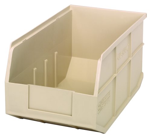SSB 443 IVORY-L The Quantum Stackable Shelf Bin, made from polypropylene in ivory, measures 14W x 8-1/4D x 7H. It features a sloped design with ribbed sides and a flat bottom for organizing small items. Autoclavable up to 250°F, this USA-made bin efficiently optimizes space for versatile storage needs.