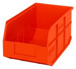 The Quantum Stackable Shelf Bin, 14W x 8-1/4D x 7H, is a bright orange polypropylene bin with an open front. It features raised edges and interior dividers for organizing small items or parts and is made in the USA. Its stackable and autoclavable up to 250°F.