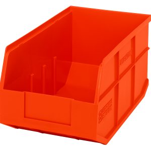 The Quantum Stackable Shelf Bin, 14W x 8-1/4D x 7H, is a bright orange polypropylene bin with an open front. It features raised edges and interior dividers for organizing small items or parts and is made in the USA. Its stackable and autoclavable up to 250°F.