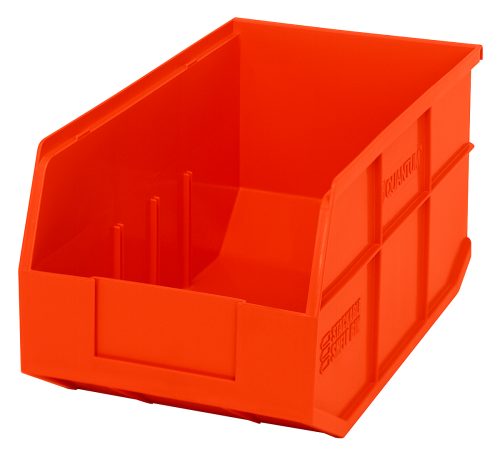 SSB 443 orange-L The Quantum Stackable Shelf Bin, 14W x 8-1/4D x 7H, is a bright orange polypropylene bin with an open front. It features raised edges and interior dividers for organizing small items or parts and is made in the USA. Its stackable and autoclavable up to 250°F.