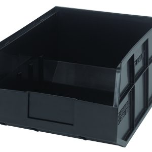The Quantum Stackable Shelf Bin, made in the USA from black polypropylene, measures 14W x 11D x 7H. It has an open front for easy access and a sturdy rectangular design perfect for organizing items. It is autoclave safe up to 250°F.