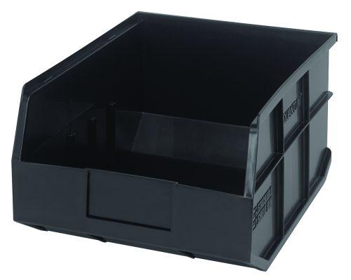 The Quantum Stackable Shelf Bin, made in the USA from black polypropylene, measures 14W x 11D x 7H. It has an open front for easy access and a sturdy rectangular design perfect for organizing items. It is autoclave safe up to 250°F.